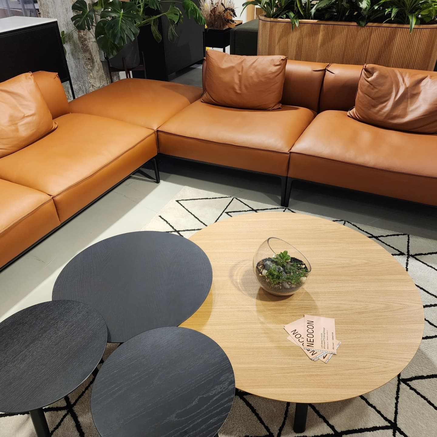 Leather lounge seating with coffee tables at NeoCon